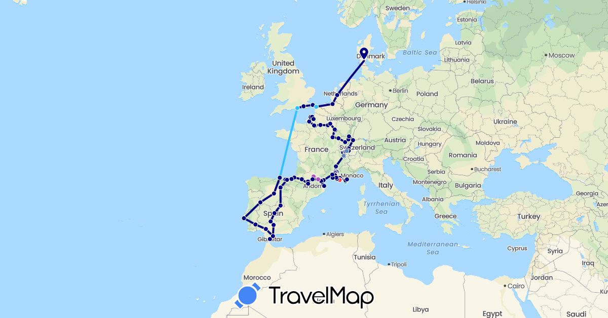 TravelMap itinerary: driving, cycling, train, hiking, boat in Belgium, Switzerland, Denmark, Spain, France, United Kingdom, Gibraltar, Netherlands, Portugal (Europe)